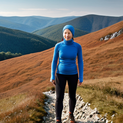 A person comfortably hiking in the Bieszczady Mountains, wearing a lightweight merino wool base layer. The image should highlight the wool's breathability and thermoregulating properties, showing both warmth and moisture-wicking, with a backdrop of a beautiful Polish mountain landscape.