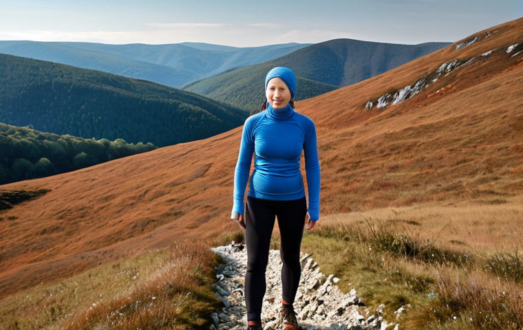 A person comfortably hiking in the Bieszczady Mountains, wearing a lightweight merino wool base layer. The image should highlight the wool's breathability and thermoregulating properties, showing both warmth and moisture-wicking, with a backdrop of a beautiful Polish mountain landscape.